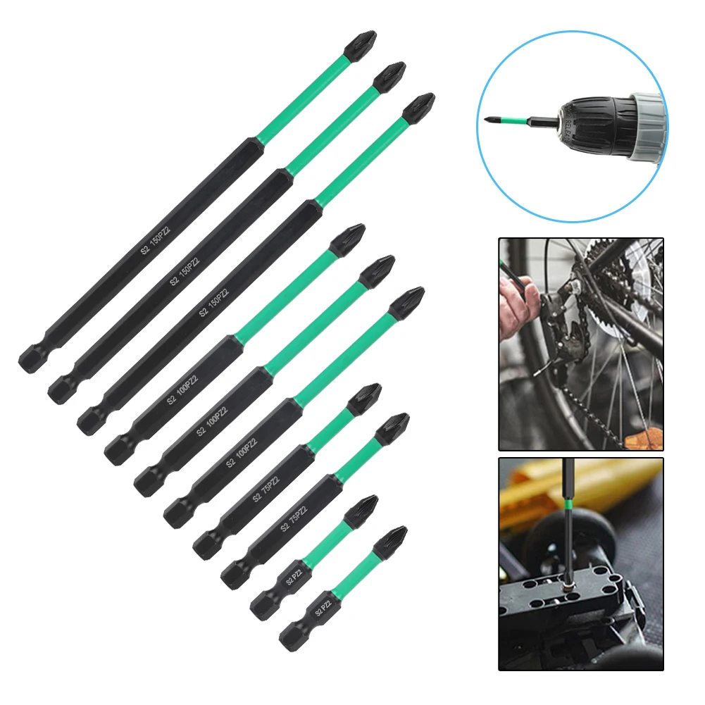 10pcs PZ2 Magnetic Driver Bits Heavy Duty Long Pozidriv Screwdriver Bit 1/4 Inch 6.35mm Hex Shank Screw Driver 150mm 100mm 75mm