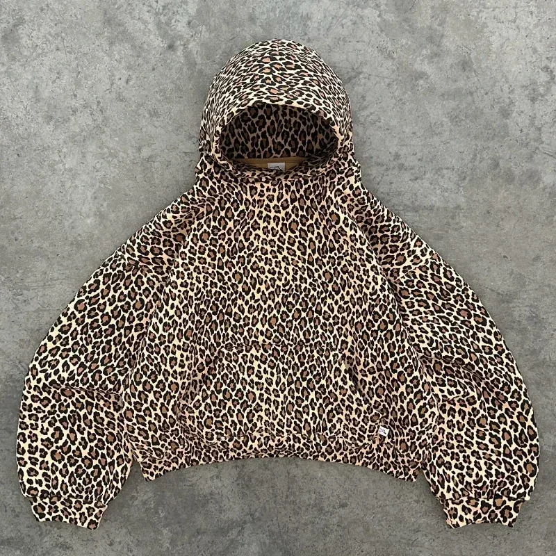 2000s Retro Leopard Print Sweter z kapturem Amerykańska podszewka z pluszową zimową ciepłą koszulą z zamkiem błyskawicznym Ponadgabarytowa odzież