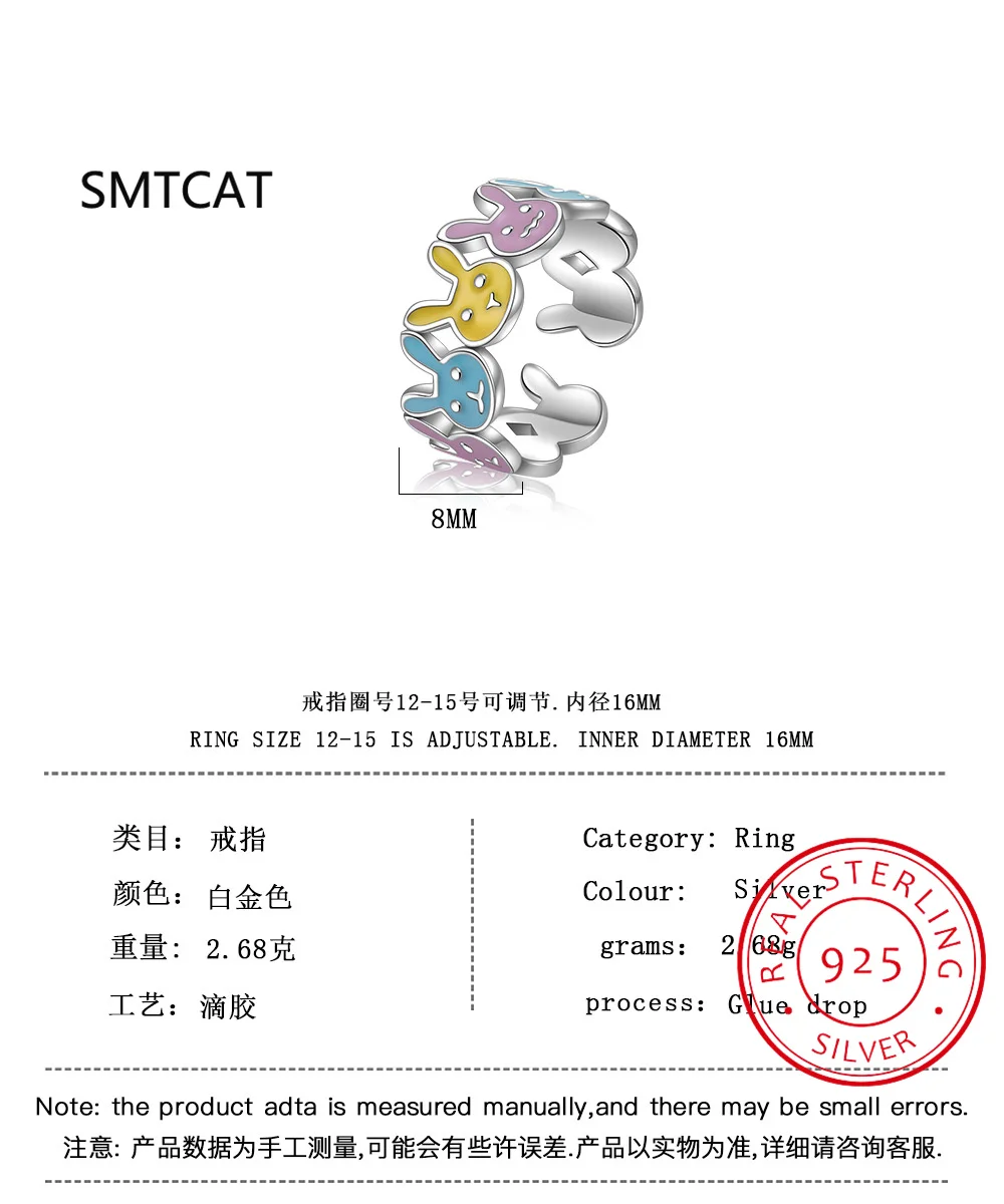 925 srebro tęczowa emalia królik palec serdeczny dla kobiet możliwość układania w stosy srebrny wielokolorowy pierścionek z króliczkiem regulowana piękna biżuteria