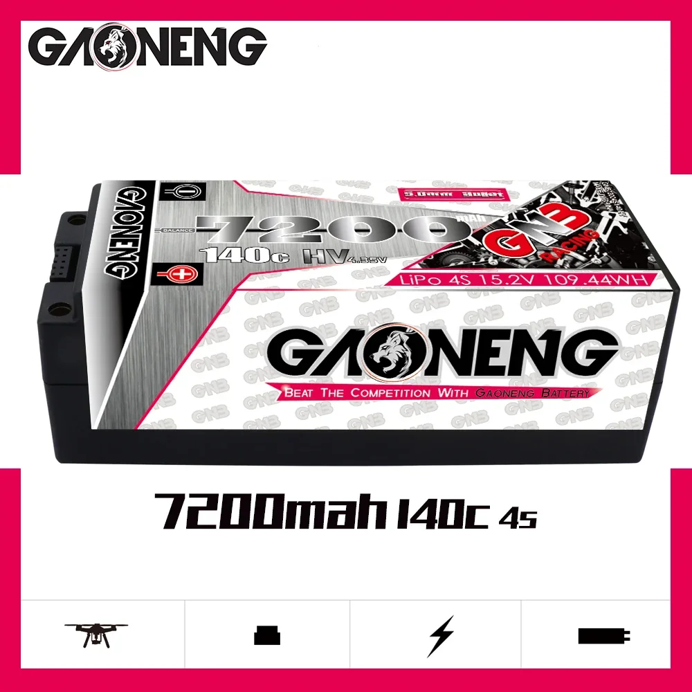 

GAONENG GNB 7200mAh HV 4S 140C 280C 15.2V 5mm Built-in Bullet Hard Case LiPo Battery 1/10 1/8 Scale RC Racing Monster