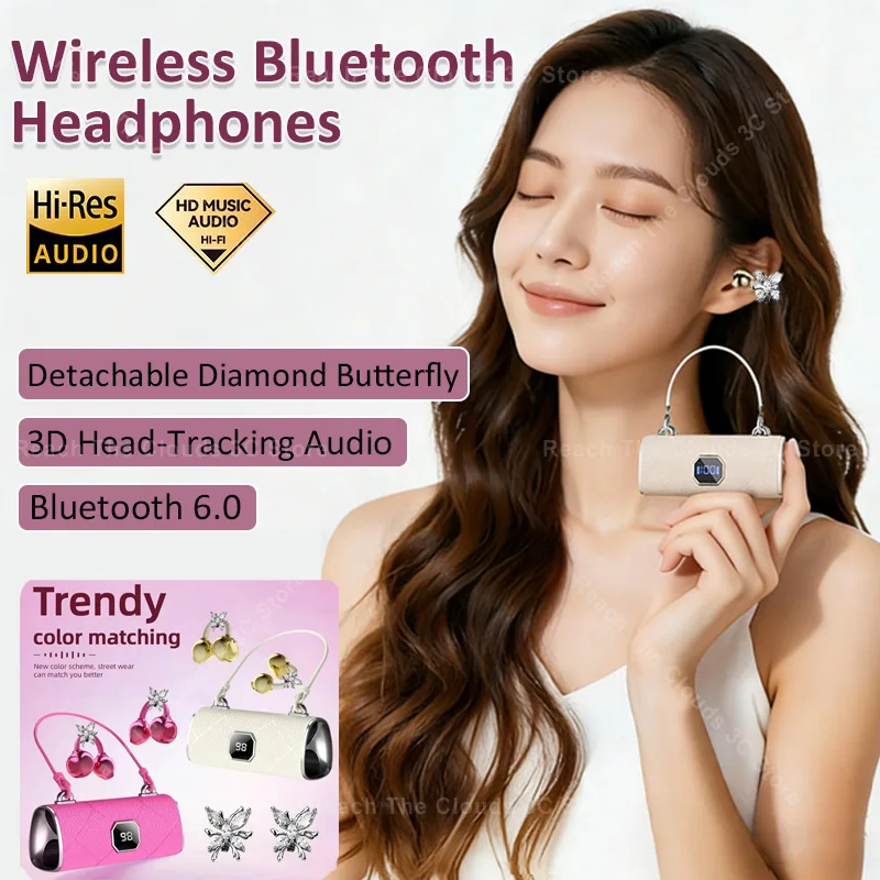 X22 Clip-On Wireless Bluetooth Headphones with Diamond Butterfly Ear Clips Noise-Canceling Headphones Type-C Charging For Gift