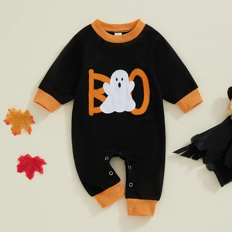 

0-18 Months Baby Halloween Jumpsuit Long Sleeve Round Neck Ghost Patchwork Romper Newborn Boys Fall Outfit