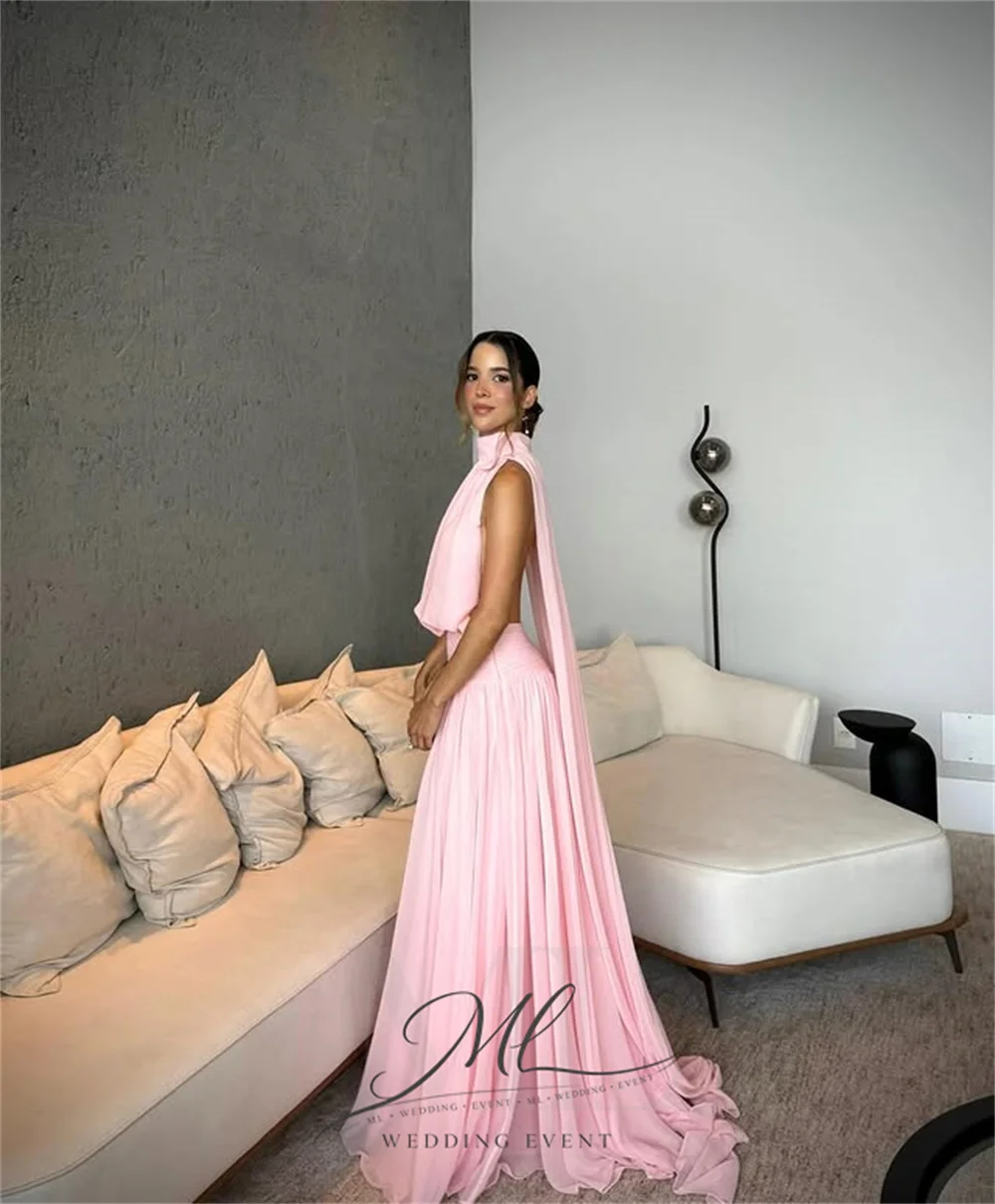 Elegant Halter Pink Evening Prom Dress