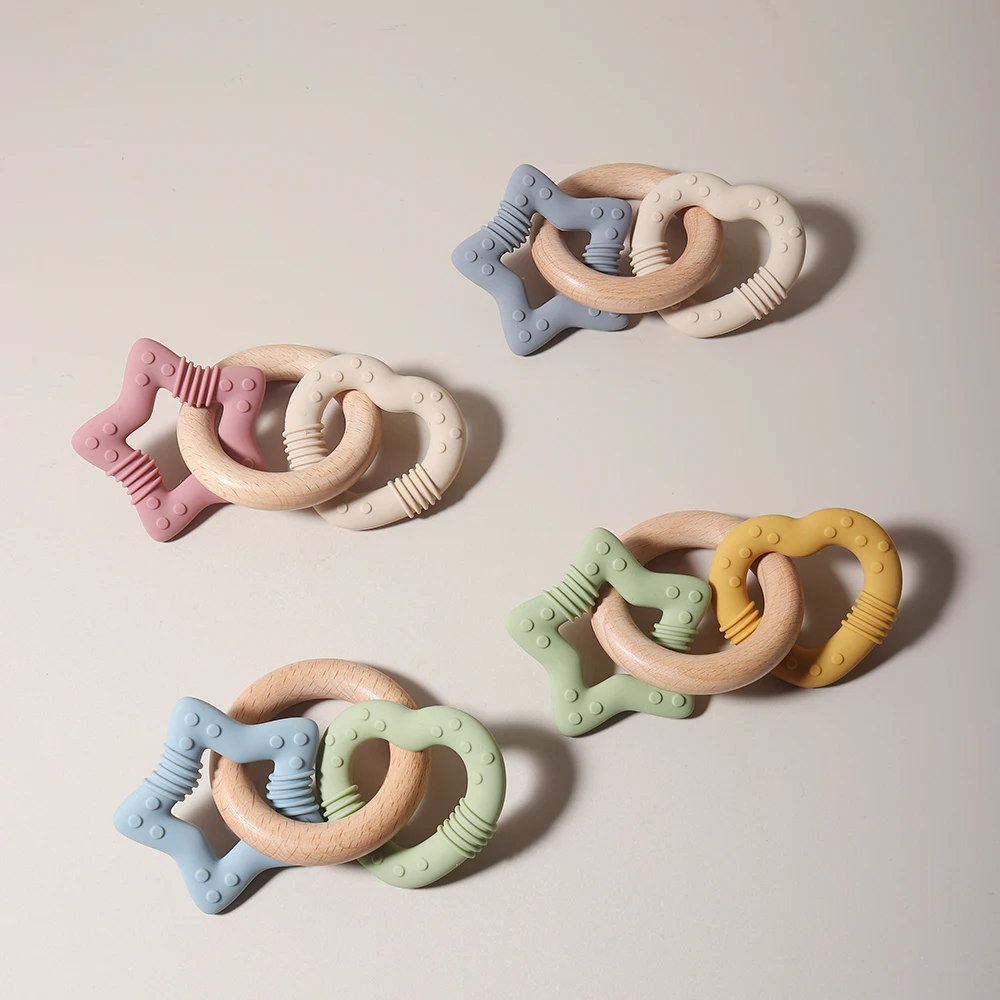 silicone star and heart teether with teething wooden ring baby rattle toy