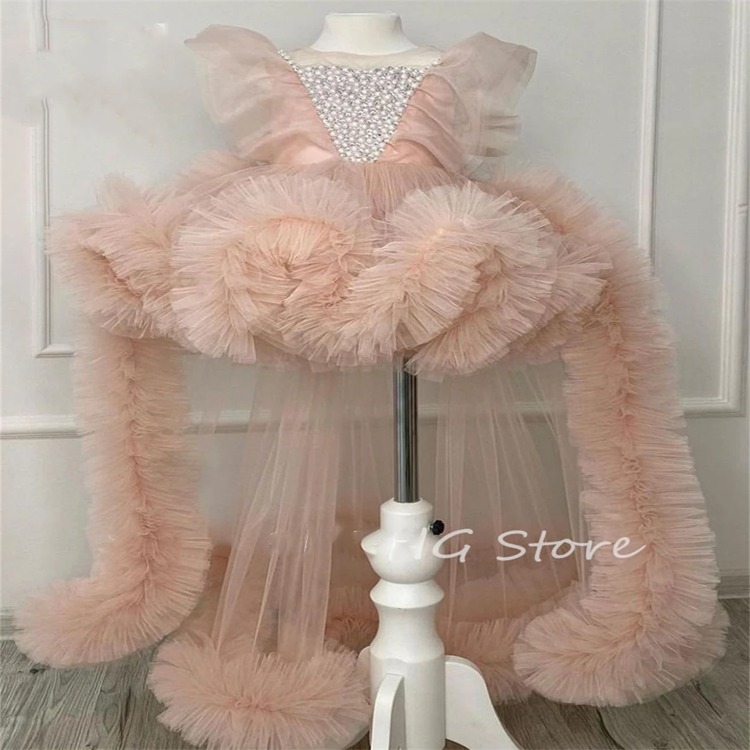 

Pink Puffy Flower Girl Dress For Wedding Tulle Pleated With Bow Pearls Kids Pageant Birthday Party First Communion Dress Gowns