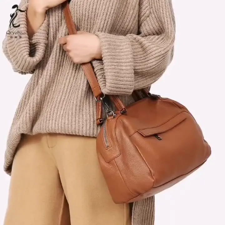 New Casual Women Doctor Handbag Cow Leather Female Boston Shoulder Bag Zipper Crossbody Sling Bag Handle Bag