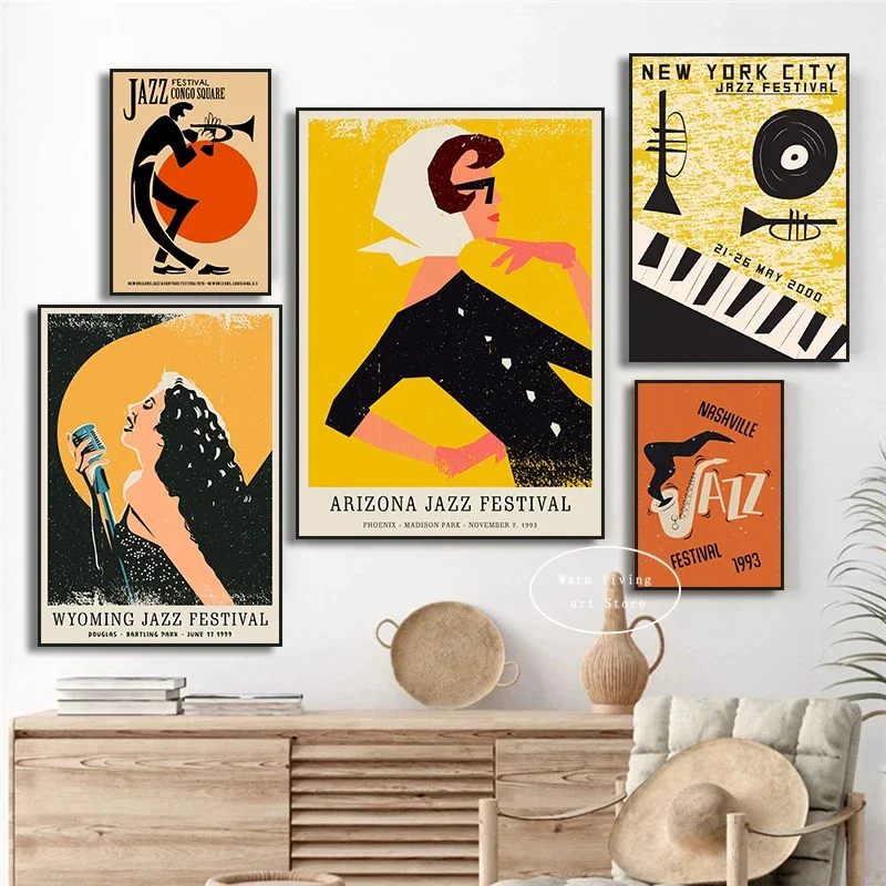 Jazz Festival Music Poster Gramophone Saxophone Vinyl Records Black Cat Art Cello Canvas Painting Wall Print Picture Home Decor