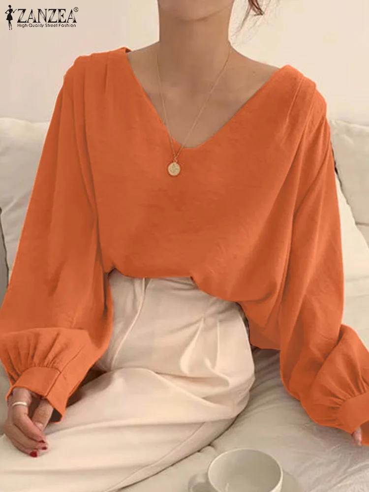 ZANZEA Casual Loose Women Tops Oversized Korean Blouse Sexy 2024 Spring Long Lantern Sleeve Shirt Fashion V-Neck Blusas Tunic