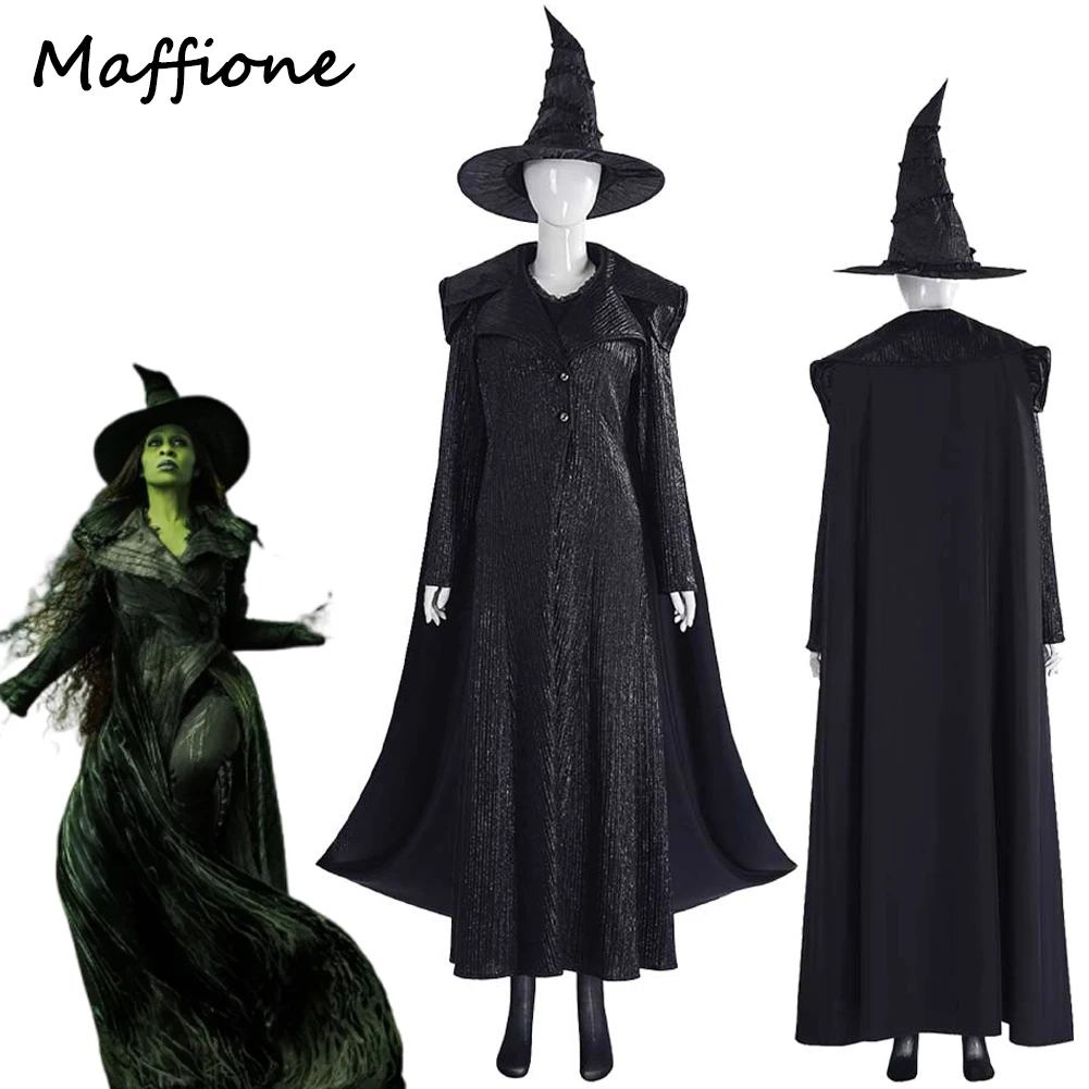 

Movie Wicked 2 For Good Elphaba Cosplay Costume Women Disguise Roleplay Hat Cloak Dress Set Clothing Halloween Party Role Suits