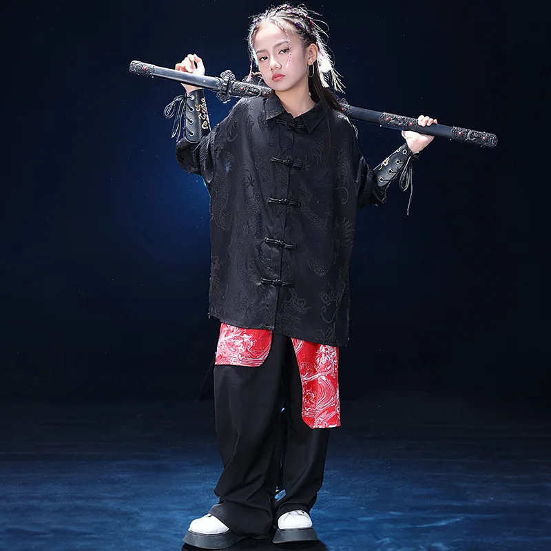 Chinoiserie Boys Street Dance Long Sleeve Printed Shirt +Wide Leg Pants Girls Hip Hop Martial Arts Performance Jazz Streetwear