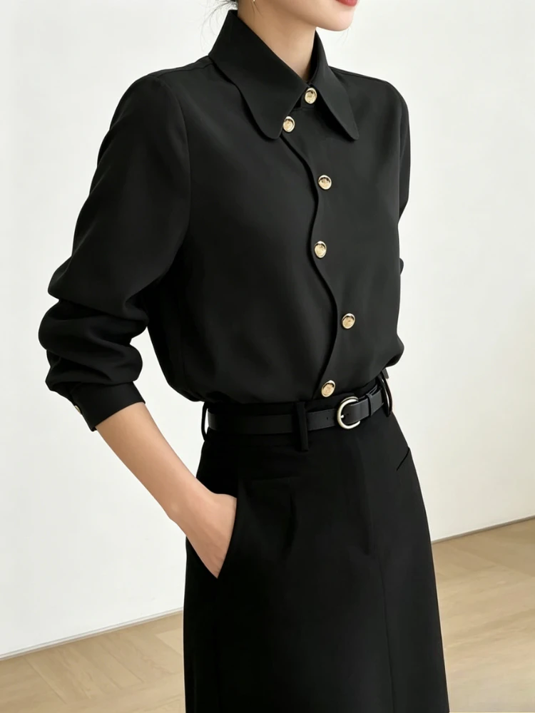 

2026 Women Black Gold Button Shirt women's clothing Lapel Collar Asymmetric Button Long Sleeve Loose Office Commute Blouse