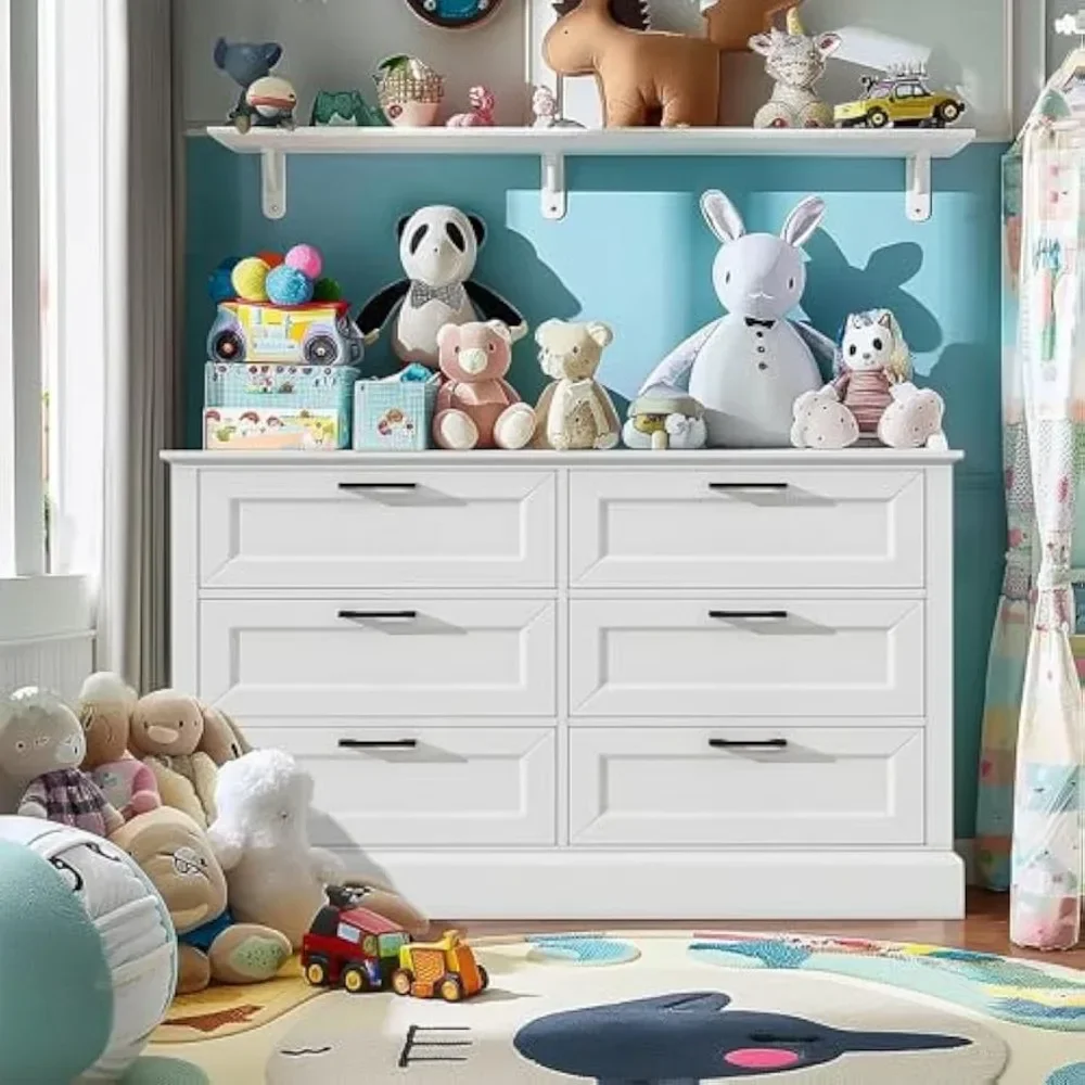 خزانة ملابس بيضاء لغرفة النوم ، 6 أدراج ، خزانة أدراج حديثة مع أدراج عميقة ، خزانة خشبية مزدوجة لتخزين الملابس