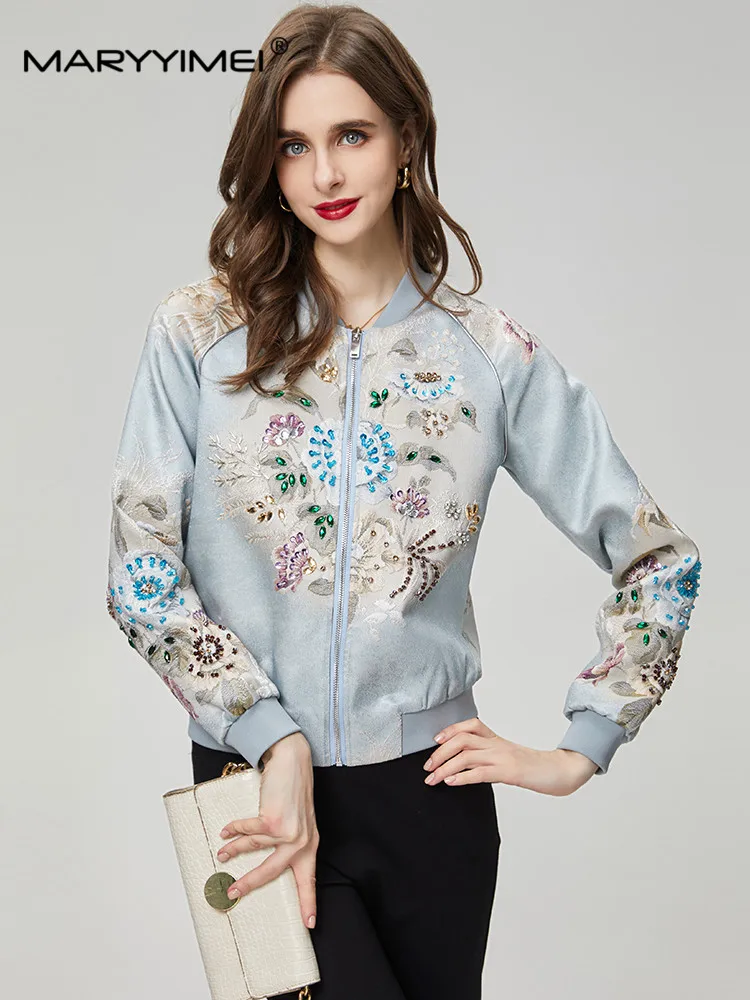 MARYYIMEI Fashion Designer Women's Autumn Standing Collar Long Sleeves Nail Beads Embroidered Light Blue Jacket Coat Tops