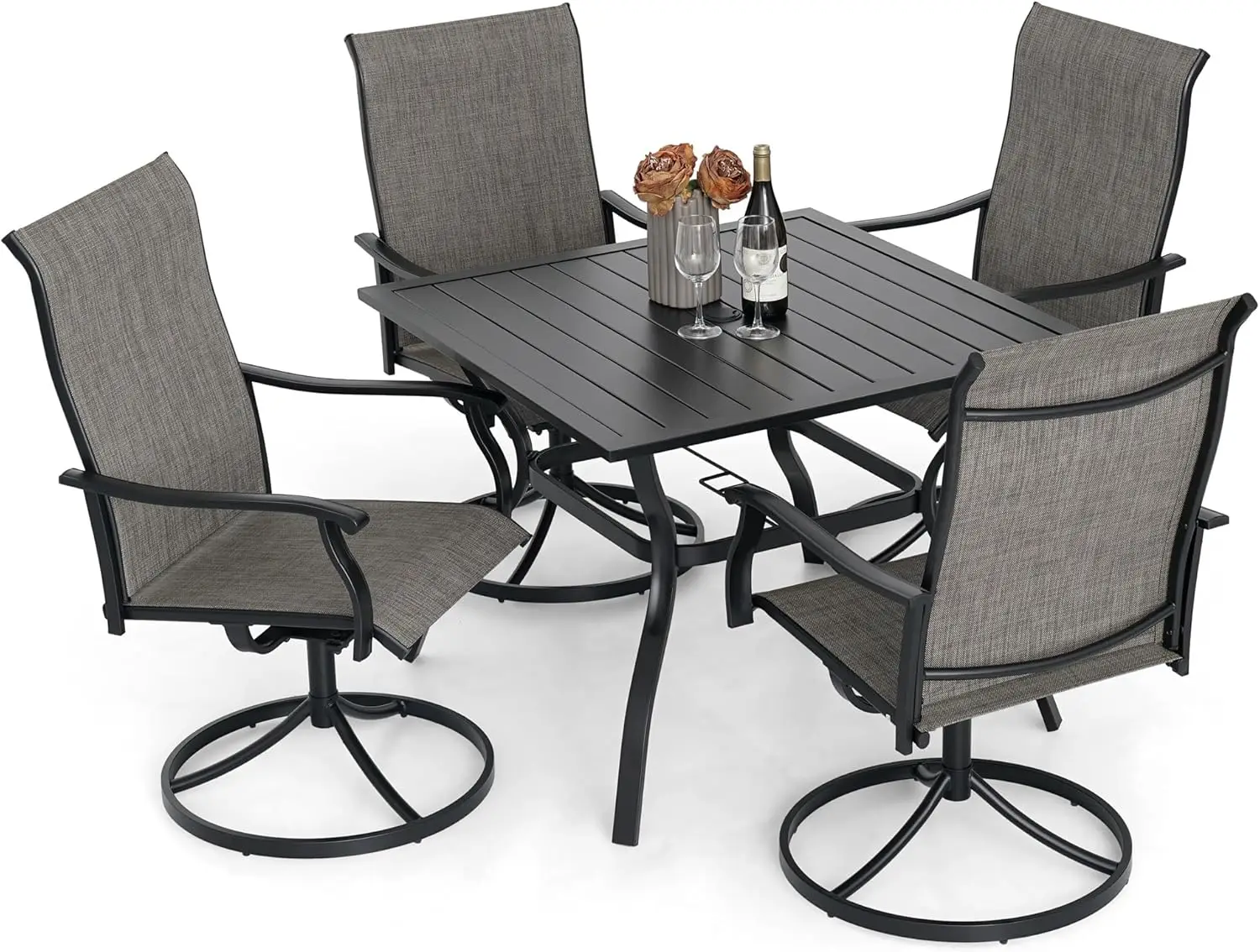 

Обеденный набор для патио на открытом воздухе, 5 предметов, 4 поворотных стула-качалки, прямоугольный обеденный стол, уличная мебель для бистро на заднем дворе