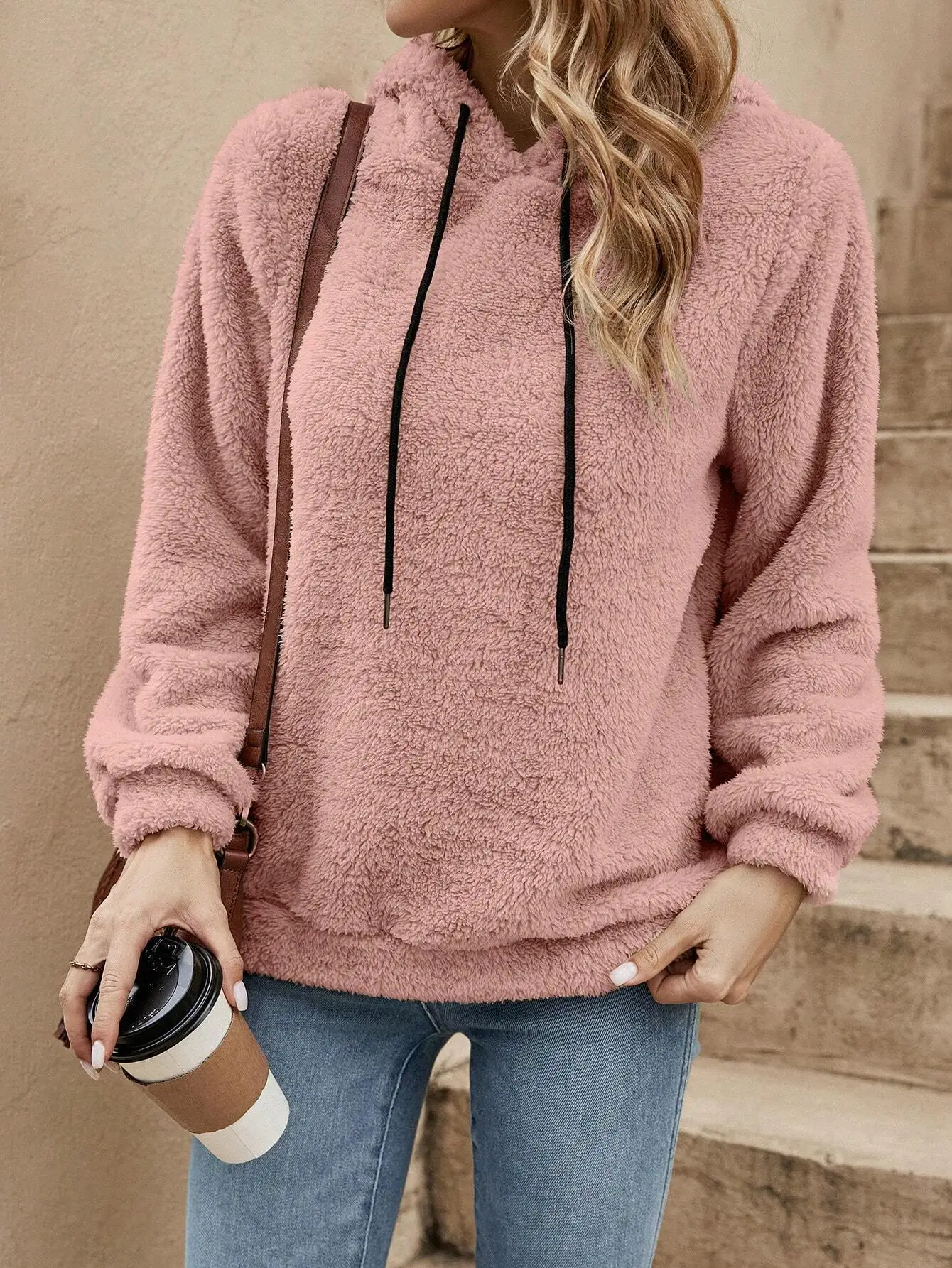 

Solid Drawstring Teddy Hoodie In Fall/Winter