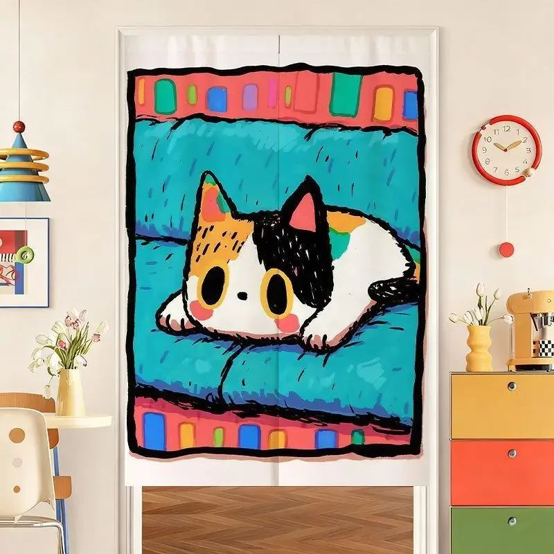 Dopamine Lazy Cat Door Curtain Three Flower Illustration Pattern Home Non Perforated Room Covering Decorative Curtain