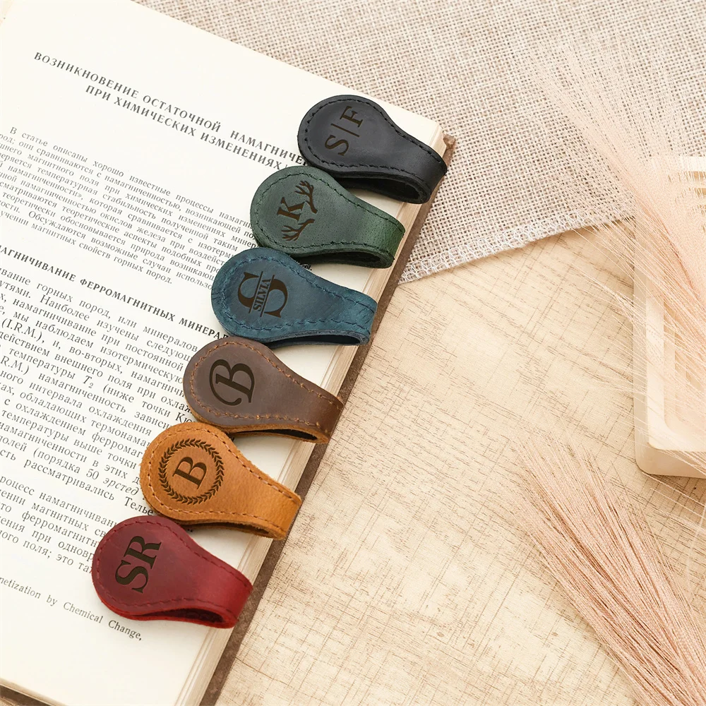 Engraved Initials Magnetic Leather Bookmark Double-sided Magnetic Buckle Magnet Clip Notebook Book Markers for Bookworm
