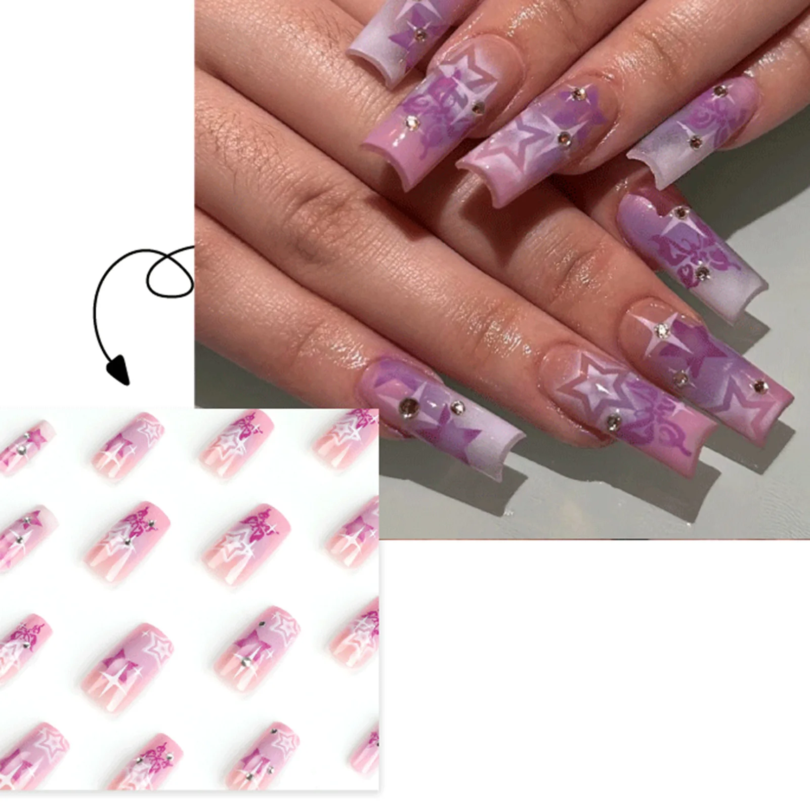 Uñas postizas largas y cuadradas de difuminado púrpura, uñas postizas reutilizables dulces y encantadoras para amantes de la manicura y blogueros de belleza