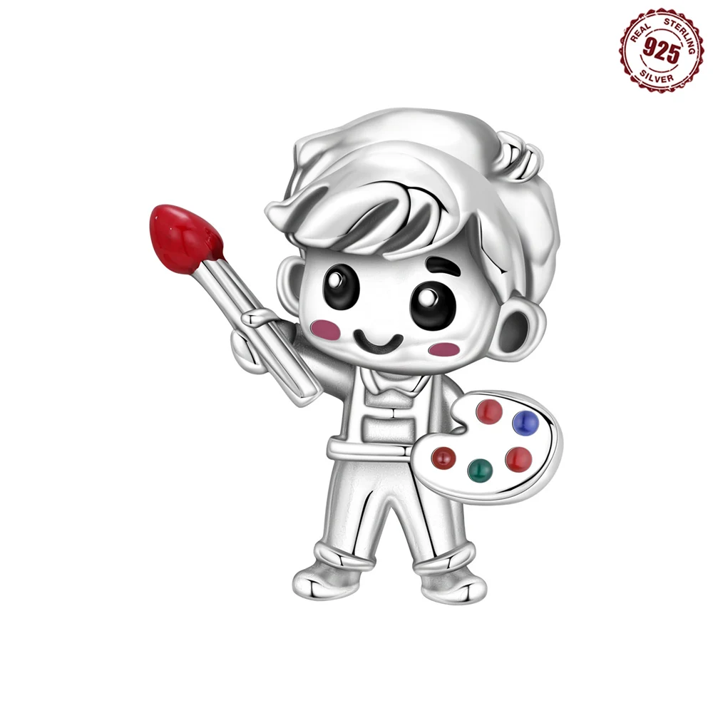 925 Sterling Silver Little Boy Artist Painter Charm Bead Paintbrush & Painting Palette Pendant Fit DIY Bracelets Jewelry Gift