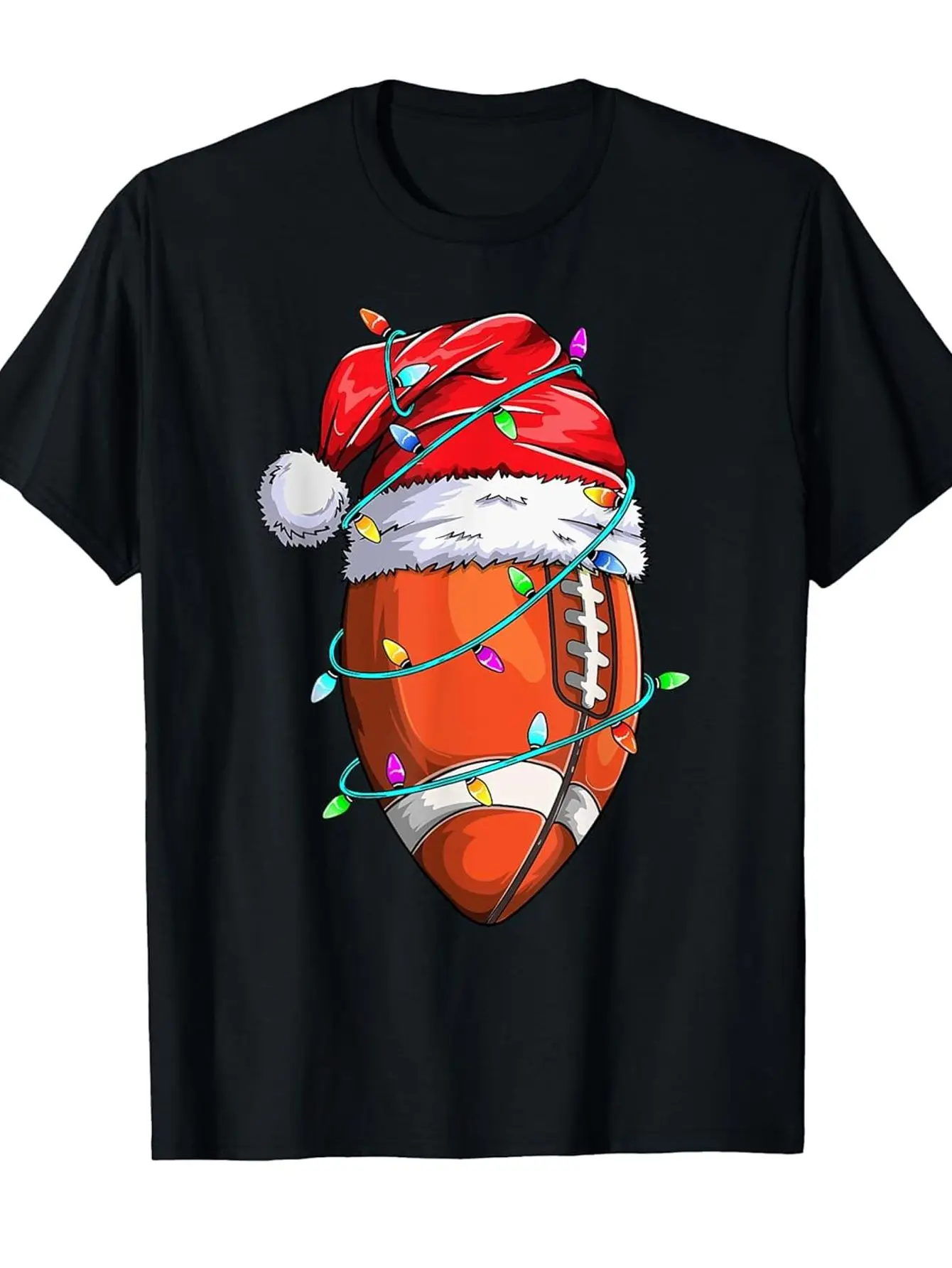 

Christmas Football Santa Hat Lights Graphic T-Shirt Sport Fan Men Casual Cotton Tee