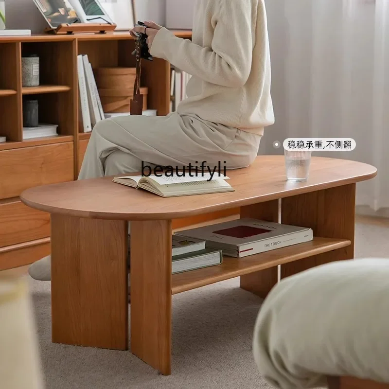 X Nordic Style Cherry Wood Solid Wood Light-Chasing Coffee Table for Living Room Home Use Natural Wood Style Oval Coffee Table