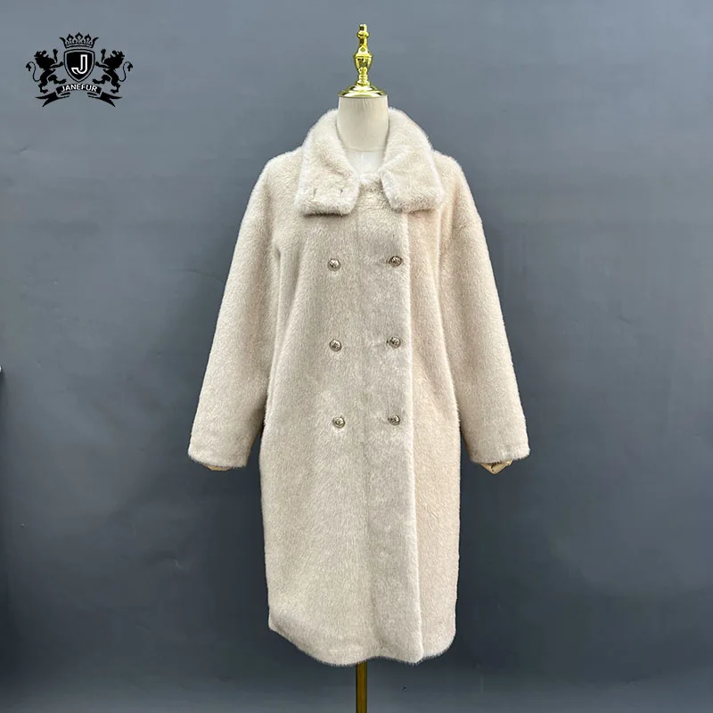 

Women Winter Long Faux Mink Fur Coat Vintage Elegant Luxury Chic Thick Warm Soft White Coat Furry Overcoat Double-breasted Style