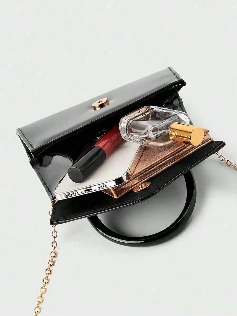 Glossy Black Clutch With Chain Strap For Formal Events, Weddings, Parties And Daily Wear