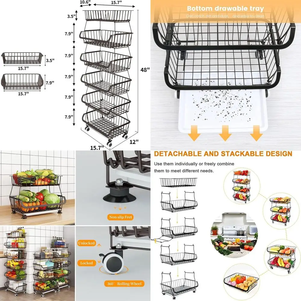 

6-Tier Rolling Kitchen Storage Basket for Fruits, Vegetables, Snacks - Stackable Floor Organizer for Living Room & Dressers