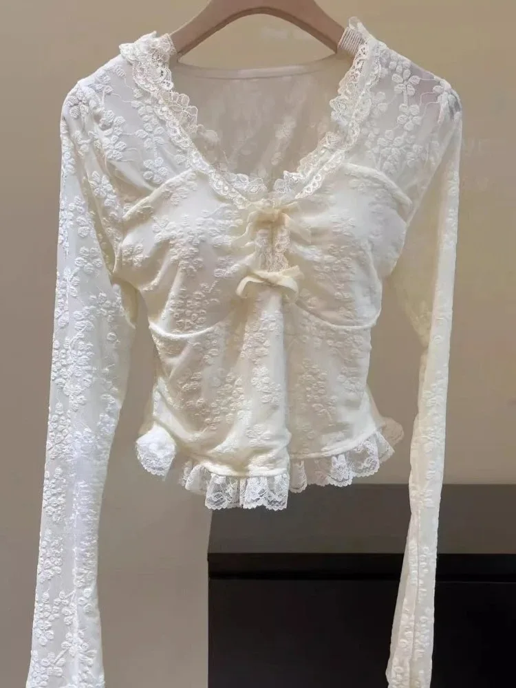 بلوزات جاكار من الدانتيل ملابس نسائية مثيرة سترة على شكل حرف v قمصان بأكمام طويلة مكشكشة قطع علوية قصيرة حلوة 2025 Blusas Mujer De Moda #2