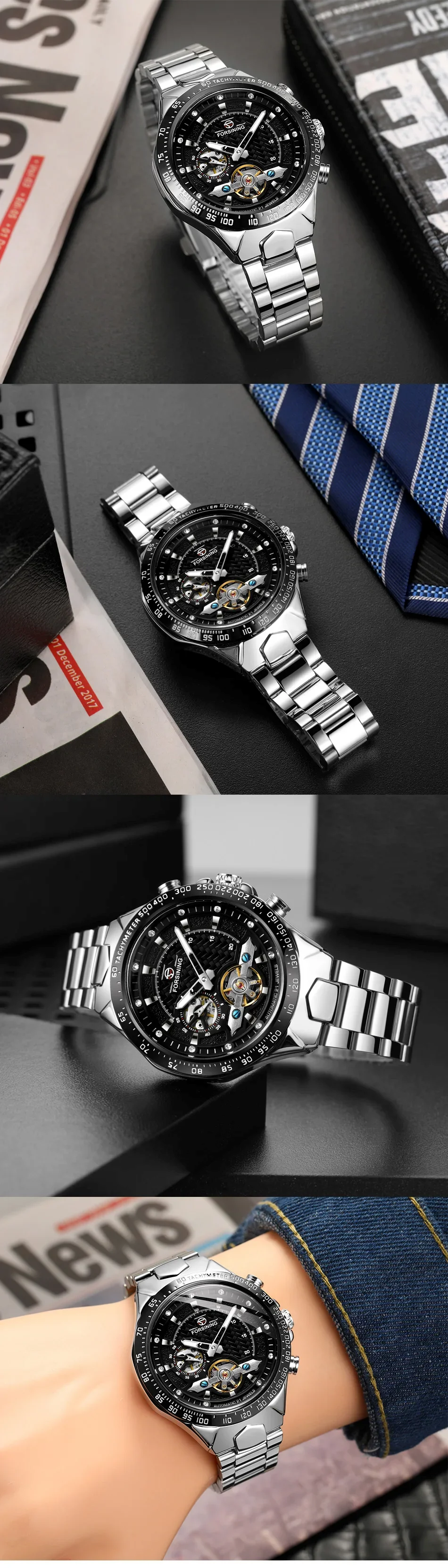 FORSINING Men's and women's watches Simple wind flywheel nail scale mechanical watch Steel strap Wrist Watch Gold watch