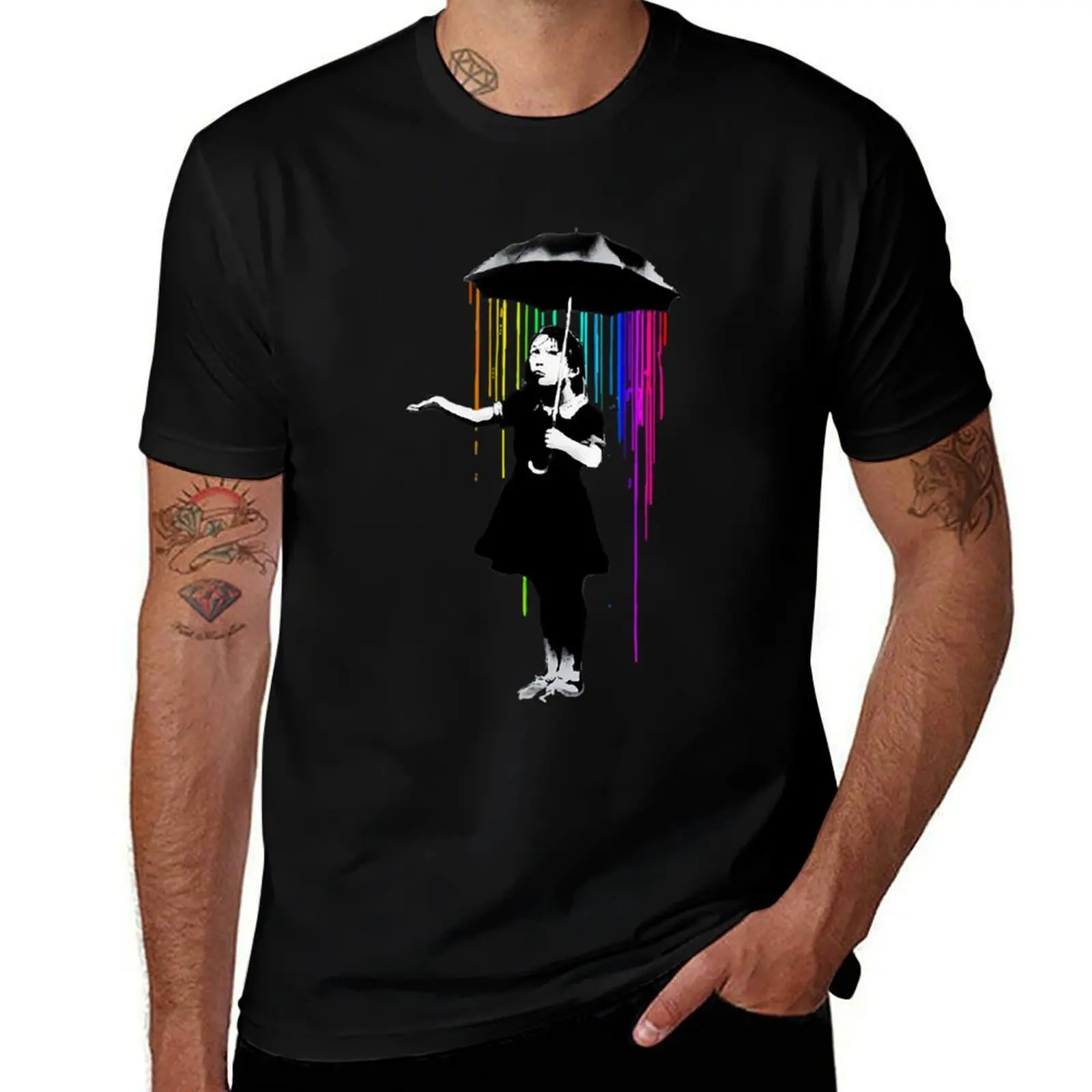 

Banksy T-ShirtBanksy Rainbow Rain Umbrella Girl T-Shirt hippie clothes anime tshirt slim fit t shirts for men