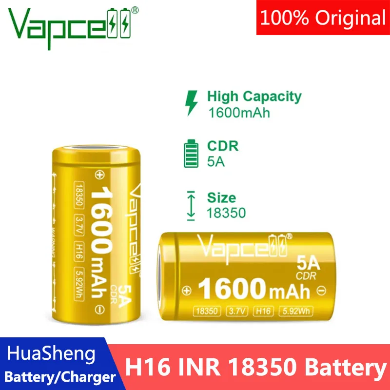 High Capacity Vapcell H16 INR 18350 Battery 1600mAh 5A 3.7V Lithium ion Rechargeable Battery 18350 For Flashlight Battery Pack