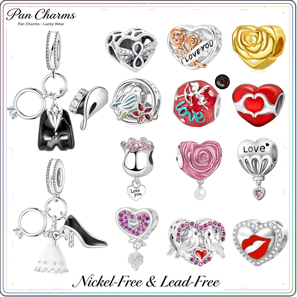 Pan Charms Valentine Bride Groom Kissing Lovebirds Heart Pendant Beads Fit Original Bracelet Jewelry DIY Couple Wedding Gift