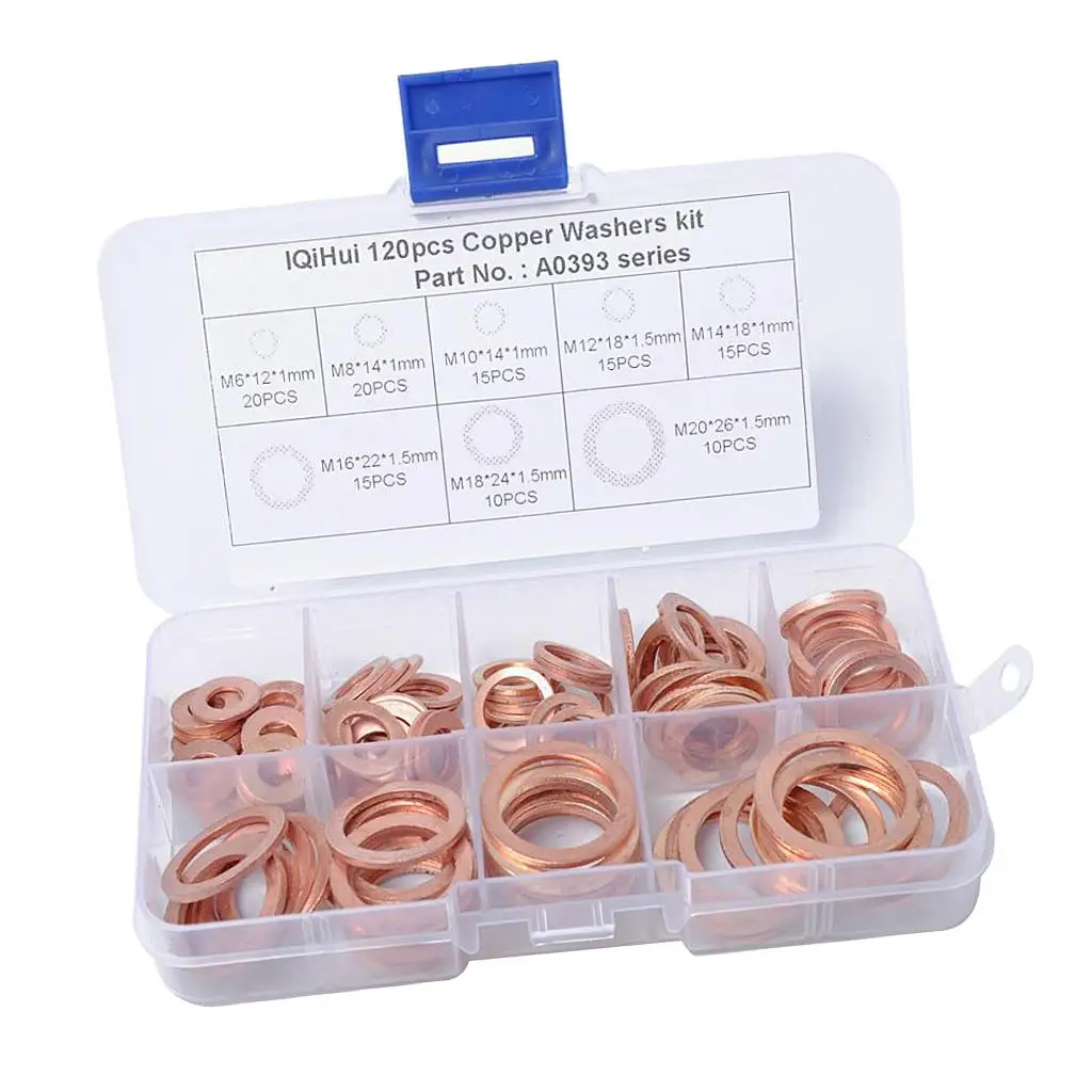 120 Pack of Copper Washers Engine Seal Flat Gasket Fastener Metric Sealing Spacer Assortment Set - 8 Sizes