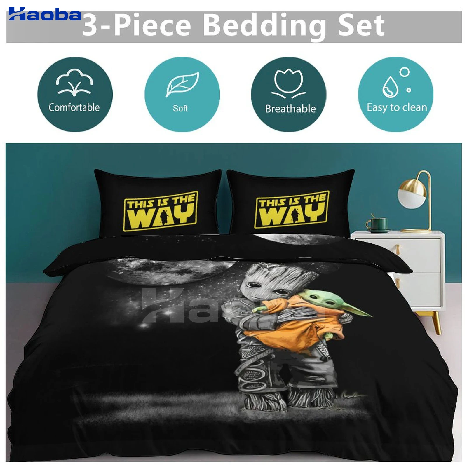 Baby Alien & this is the way Print Three Piece Bedding Set Children or Adults for Beds Quilt Covers Birthday Gifts for Women Men