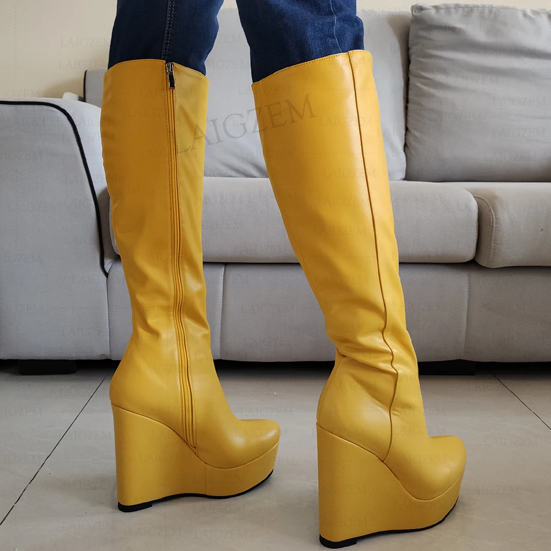 LAIGZEM Women Knee High Boots Platform Wedges Zip Up Round Toe Faux Leather Height Increase Unisex Shoes Woman Big Size 41 45 52