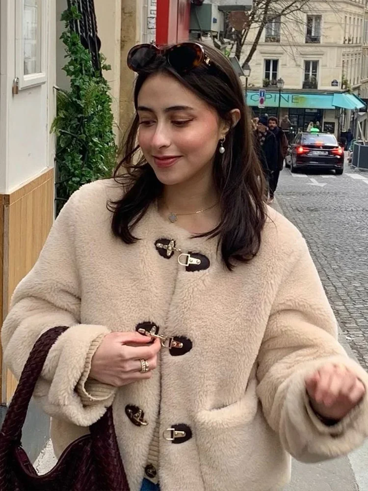 

HH Women's Autumn And Winter New Double-Sided Jacket With Knot Buckle, Faux Fur Decoration, Slimming Short Style Jacket