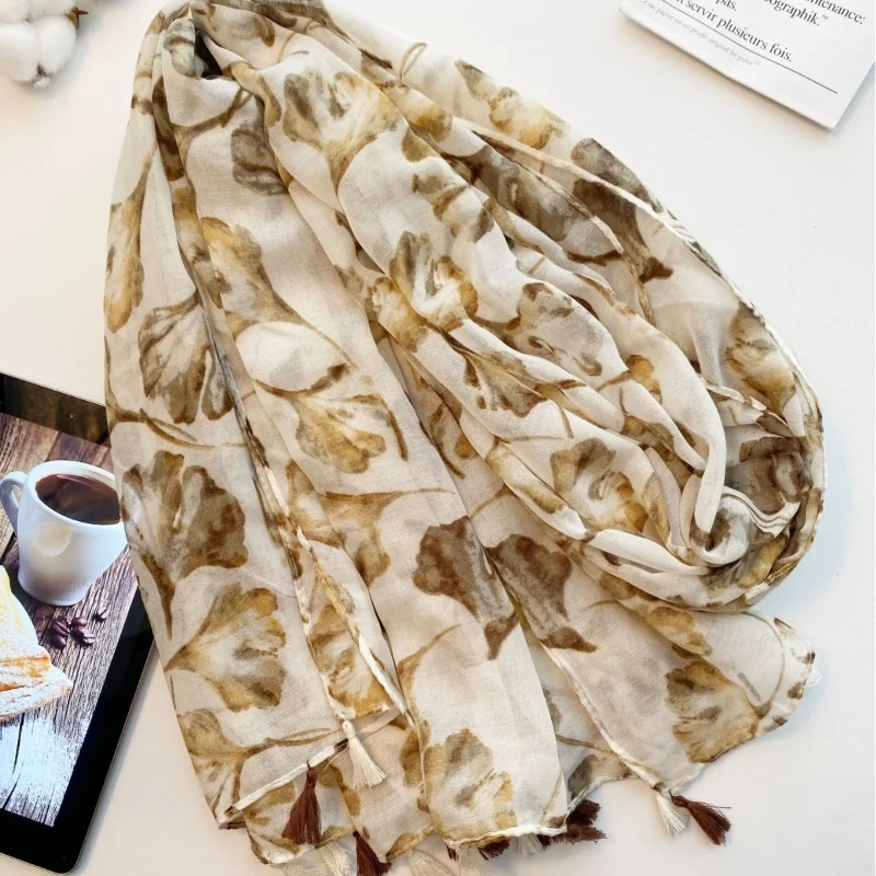 Chinese Style Summer Travel Sun Protection Scarf Hanfu Accessories Bali Gauze Autumn Ginkgo Flower Shawl Traditional Ethnic