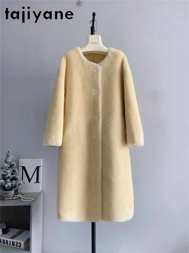 TAJIYANE 100% Natural Wool Coats for Woman Korean Style Yellow Long Shearing Jacket 2025 Winter Outerwears Women Clothing шерсть