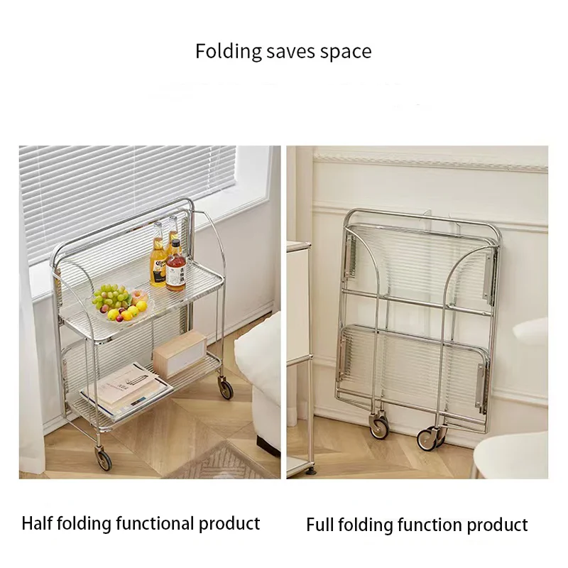 Foldable Mobile Cart Transparent Glass Cart Living Room Sofa Side Table Simple Lightweigh Modern Luxurious Wind Storage Rack.