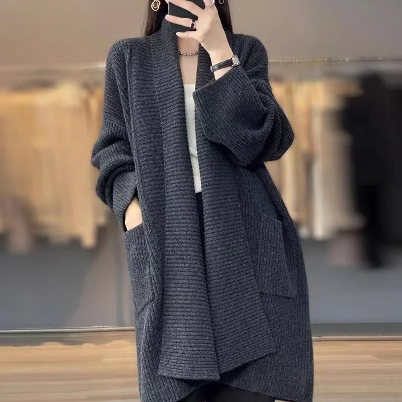 

New Long Sleeve Sweater Coat For Women, Solid Color, Thickened, Mid-Length, Loose And Lazy Knitted Cardigan