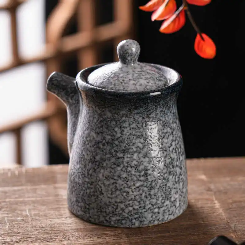 Dispensador de salsa de soja de cerámica, vinagrera de arte de puntos esmaltada hecha a mano, botella de aceite de cocina creativa con soporte de madera, regalo de comedor oriental