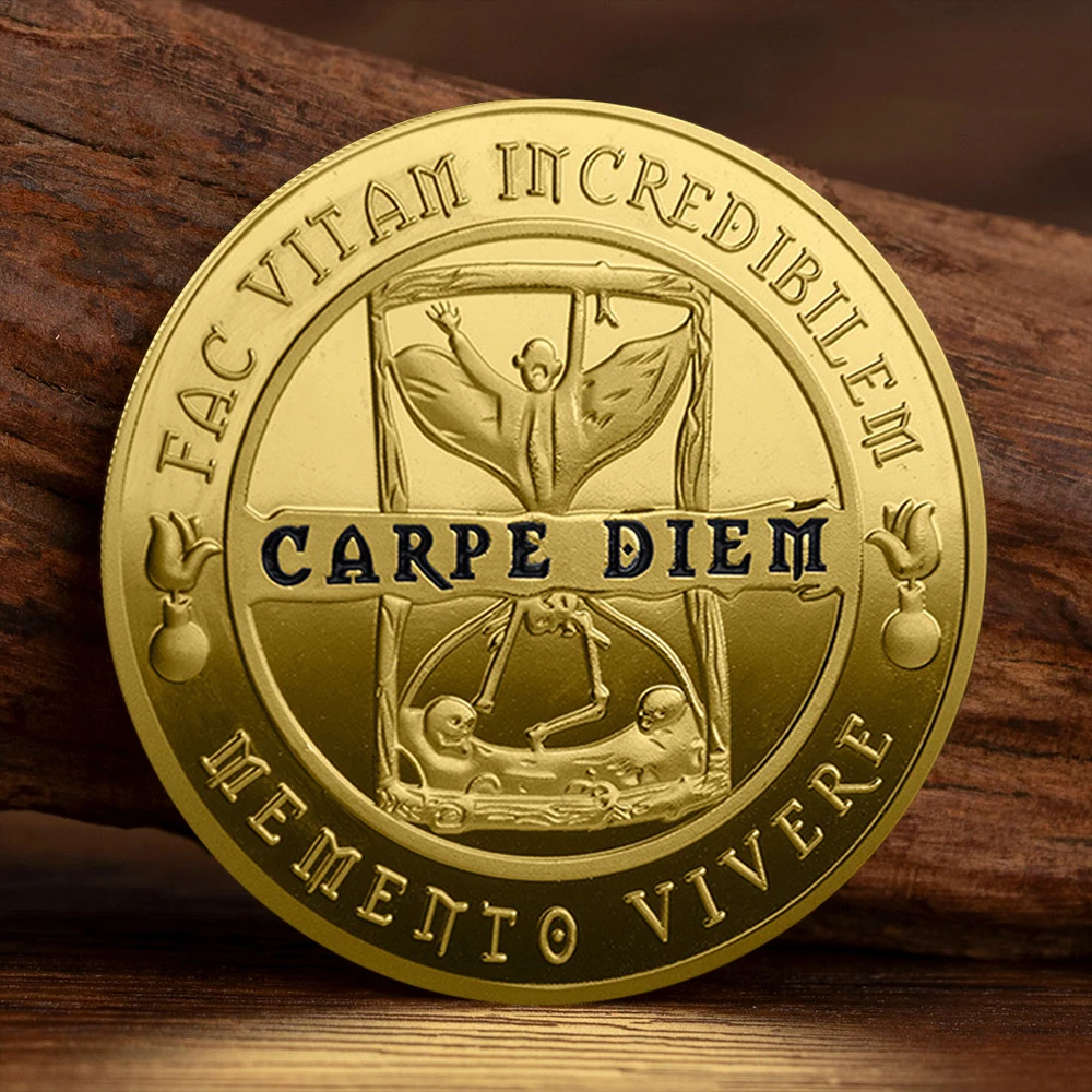 عملة تذكارية على شكل جمجمة موري مطلية بالذهب تذكارية تذكارية من Memento Vivere Carpe Diem