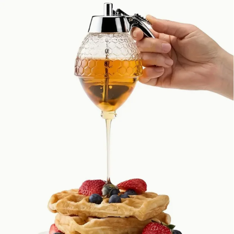 Leak-Proof Honey Dispenser with Rack for Syrup, Sauces, Seasonings - Durable, Easy to Clean, Multi-Purpose Plastic Design for Ki