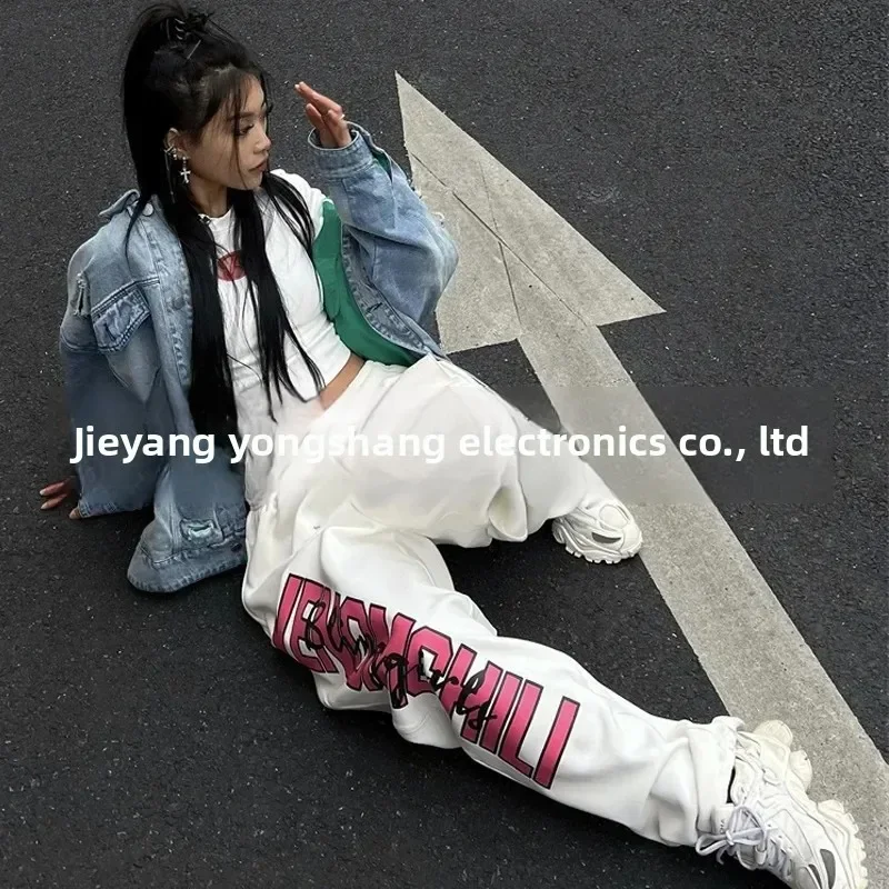 PopWhite Sporty Wide Leg Pants American Quick Dry Drawstring Women Summer Harajuku Hip Hop Y2K Print Cross-Border Trousers