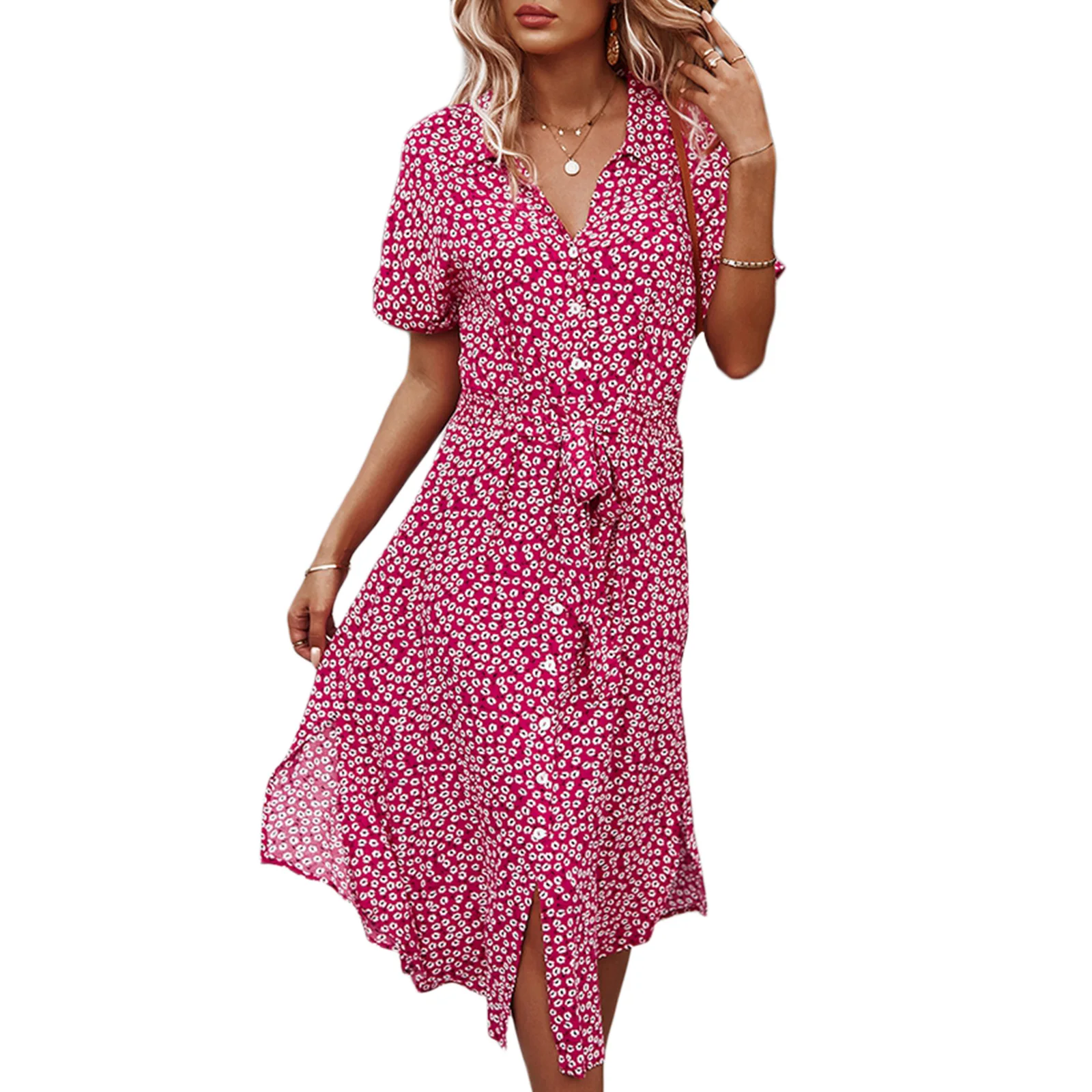 Damen Sommer ästhetische Button-up-Midi-Kleid, Kurzarm ästhetischen Blumen ästhetischen Druck Kordel zug lose Hemd Kleid