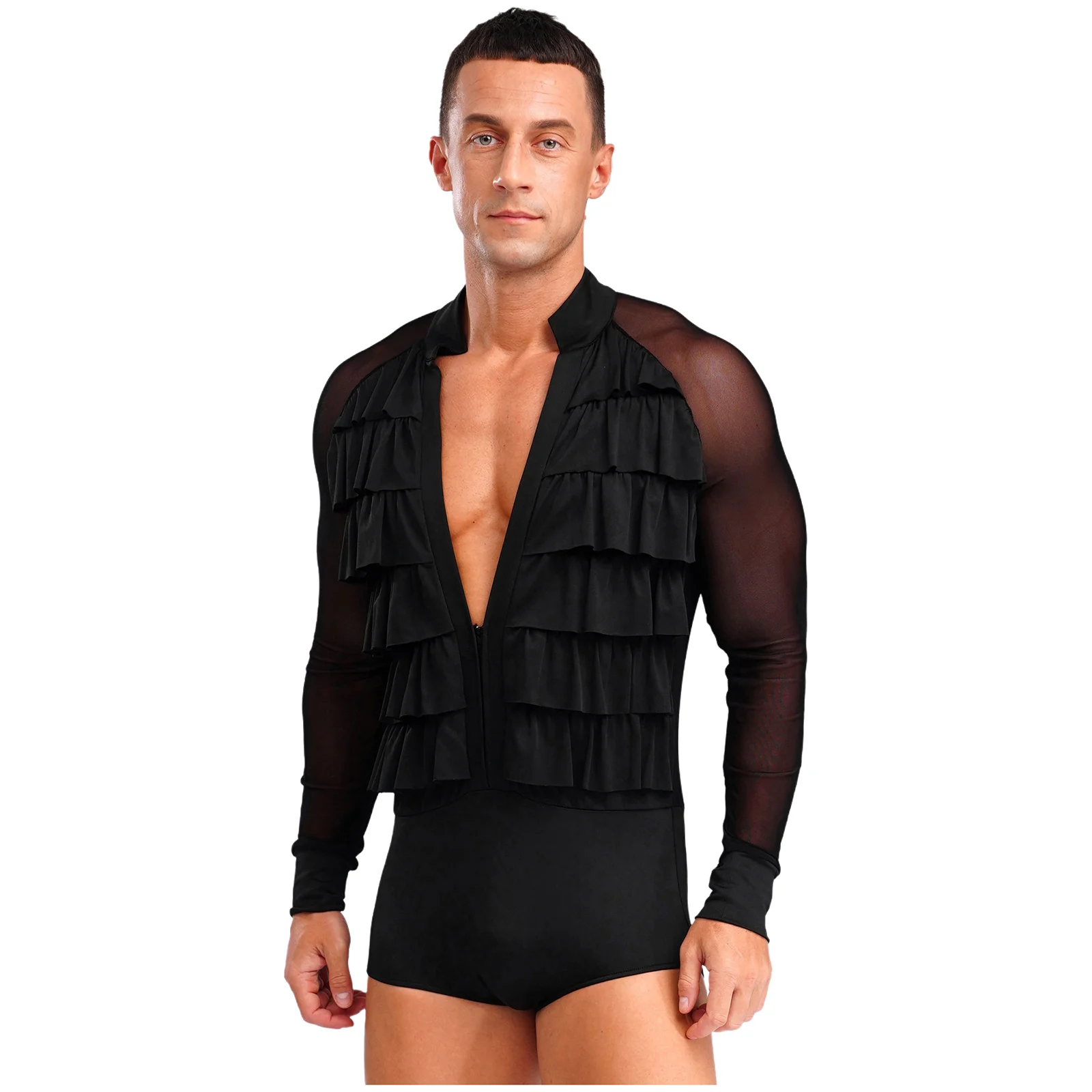 Hommes Latin Samba Salsa Tango danse moderne justaucorps chemises avec maille transparente col en V profond Jazz Rumba salle de bal body combinaison