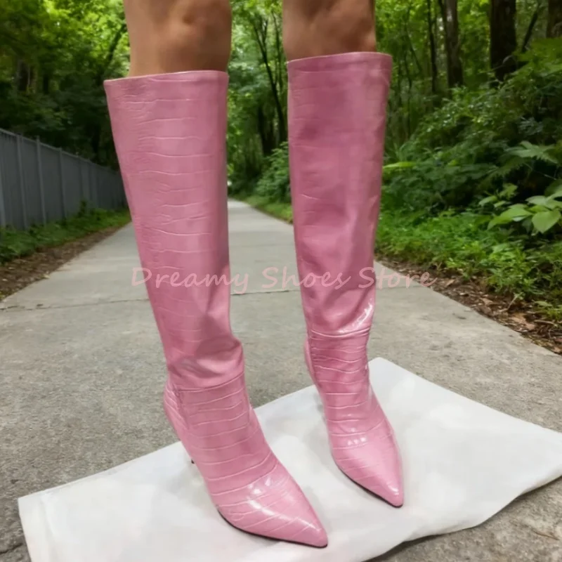 

Pink Leather Pointed Toe Knee High Boots Women Snakeskin Solid Stiletto Long Boots Sexy Concise Party Catwalk Trendy Lady Shoes