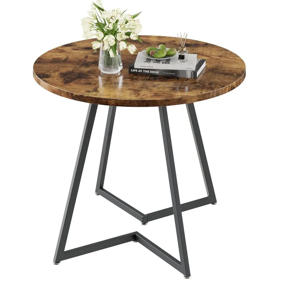 

Round Dining Room Table with Wood Grain Tabletop and Steel Frame, for Kitchen, Living Room, Office, Conference, 2 to 4 Person, A