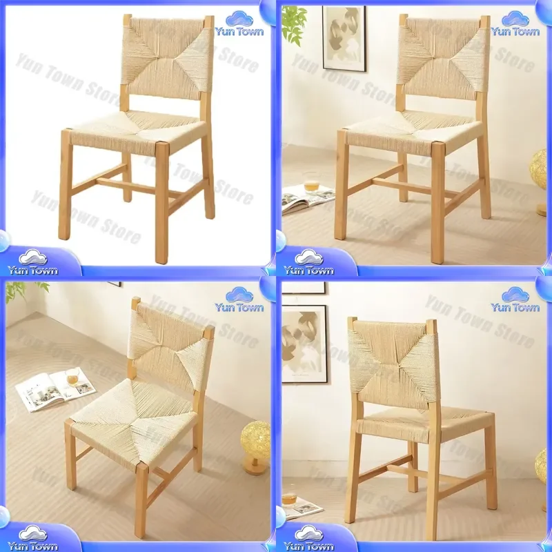 for Nordic solid wood dining chair with braided rope backrest wabi-sabi style ash wood handwoven small apartment medium size